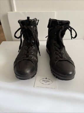 Prada Black Leather Lace-Up Ankle Boots